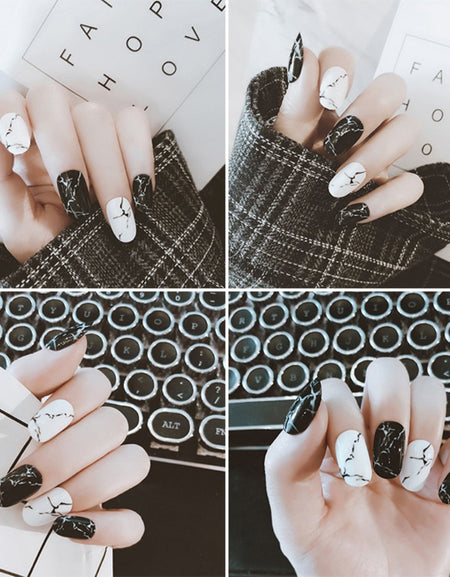 UV Fake Nails Finished Marble Black Full Coverage