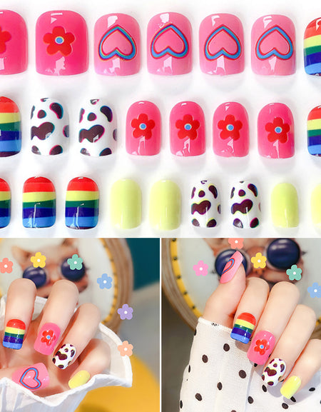 Fashion Cute Girls Acrylic Rainbow Flower Fake Nails