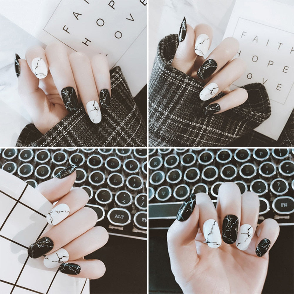 UV Fake Nails Finished Marble Black  Full Coverage