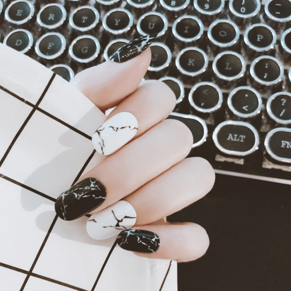 UV Fake Nails Finished Marble Black  Full Coverage