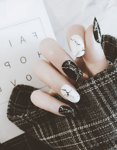 UV Fake Nails Finished Marble Black  Full Coverage