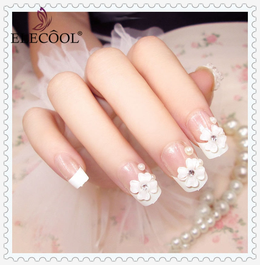 3D Cute with Flower Pattern French elegant Fake Nails