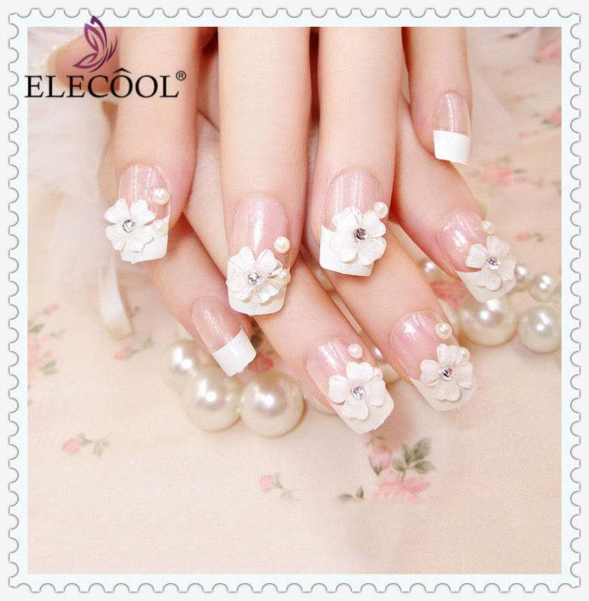 3D Cute with Flower Pattern French elegant Fake Nails