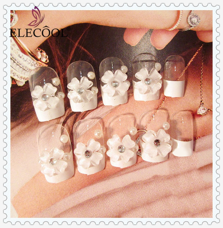 3D Cute with Flower Pattern French elegant Fake Nails