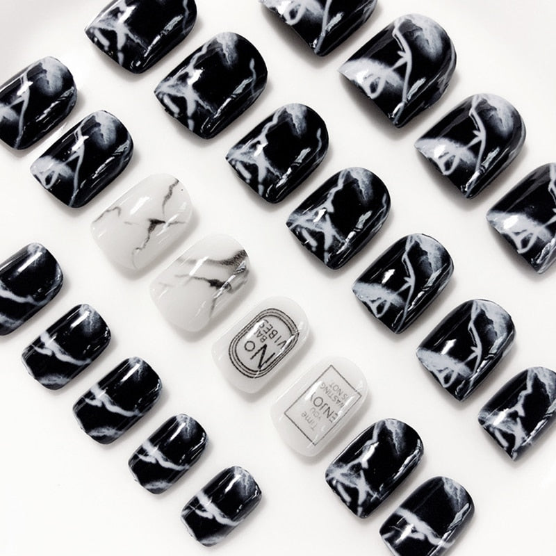 Fashion Fake Nails Khaki White Marble Square Artificial Nail