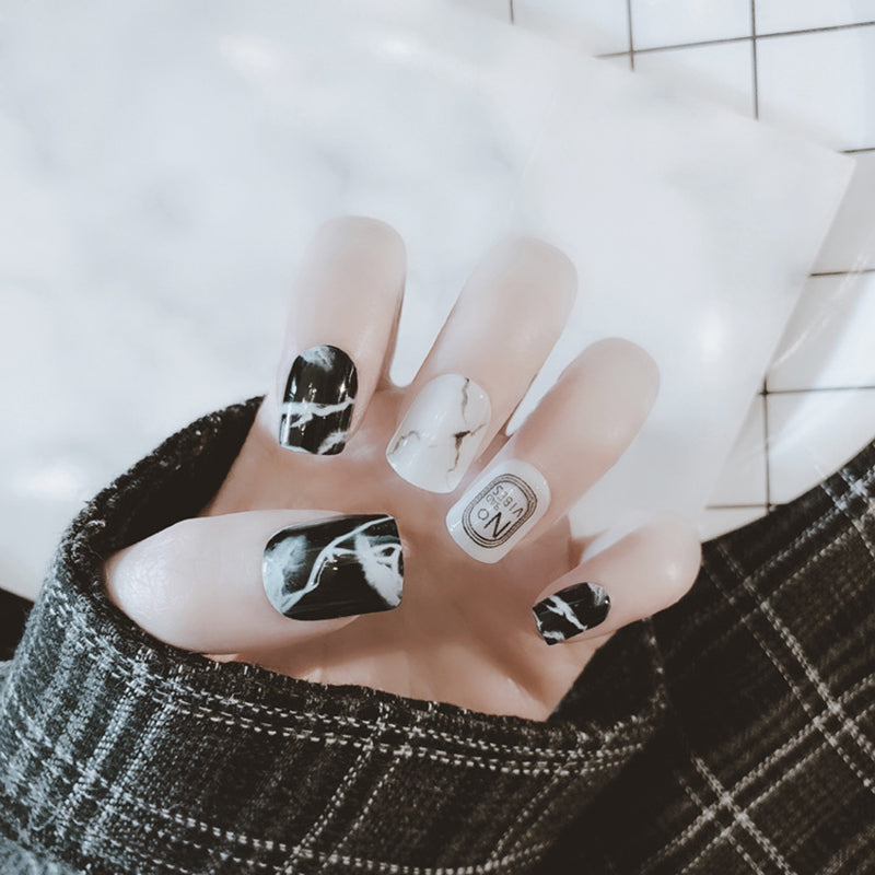 Fashion Fake Nails Khaki White Marble Square Artificial Nail