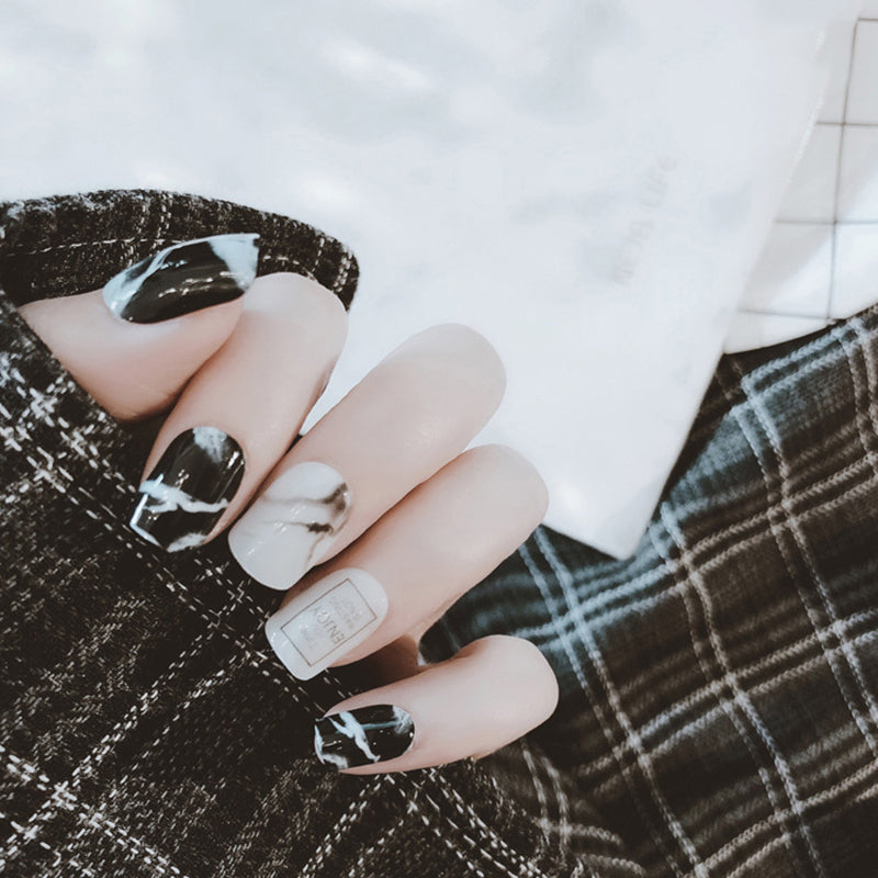 Fashion Fake Nails Khaki White Marble Square Artificial Nail