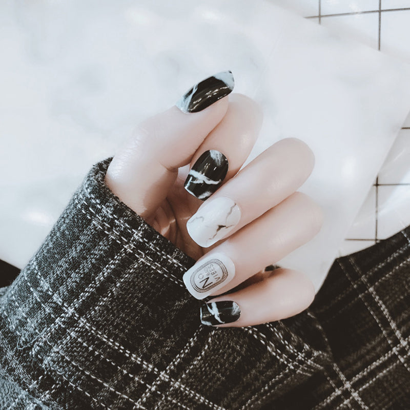 Fashion Fake Nails Khaki White Marble Square Artificial Nail