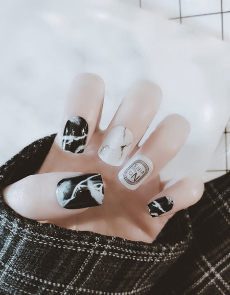 Fashion Fake Nails Khaki White Marble Square Artificial Nail