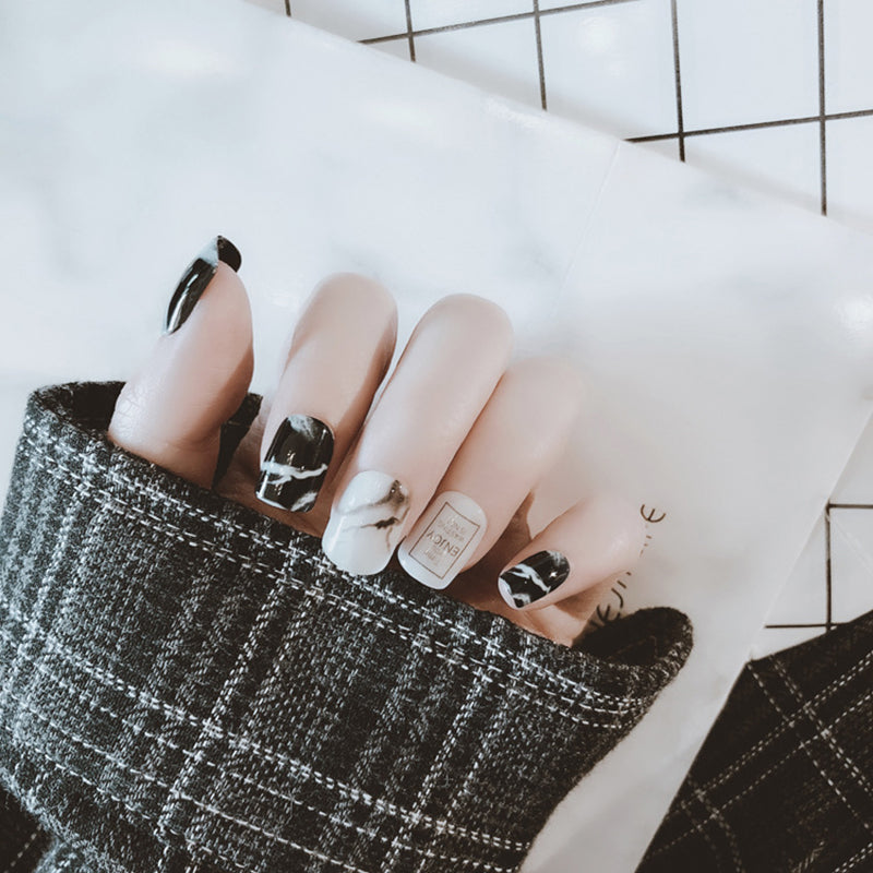 Fashion Fake Nails Khaki White Marble Square Artificial Nail