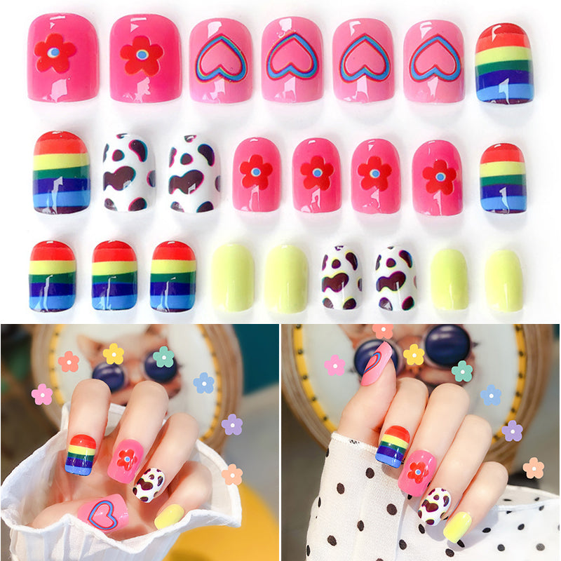 Fashion Cute Girls Acrylic Rainbow Flower Fake Nails