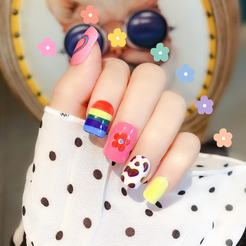Fashion Cute Girls Acrylic Rainbow Flower Fake Nails