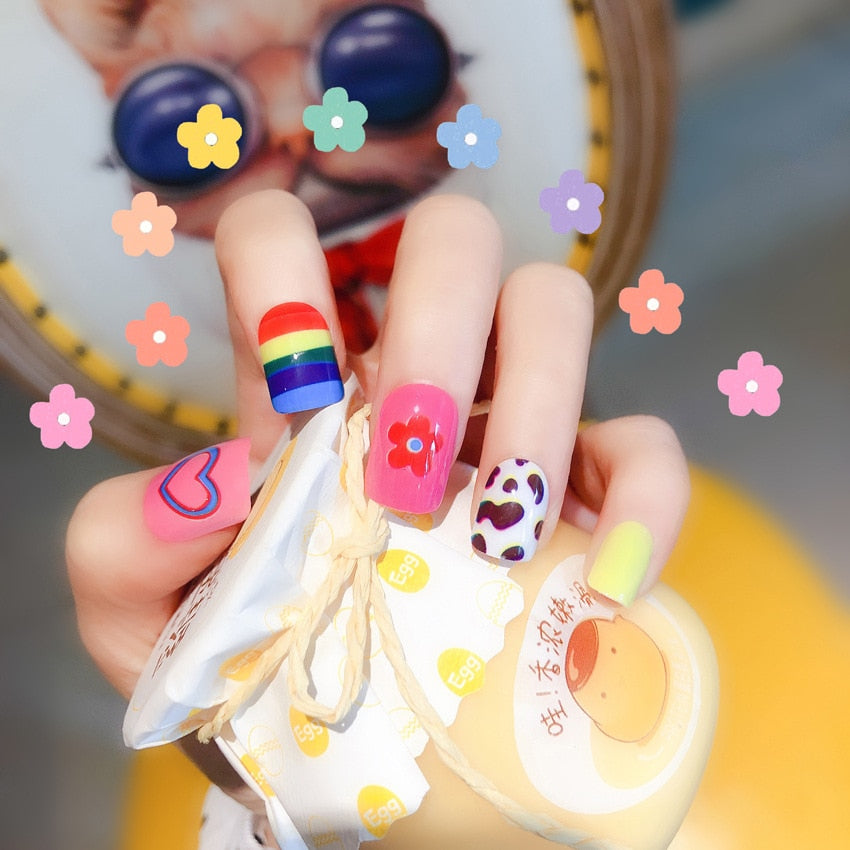 Fashion Cute Girls Acrylic Rainbow Flower Fake Nails