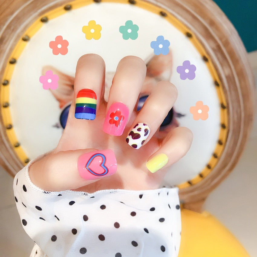 Fashion Cute Girls Acrylic Rainbow Flower Fake Nails