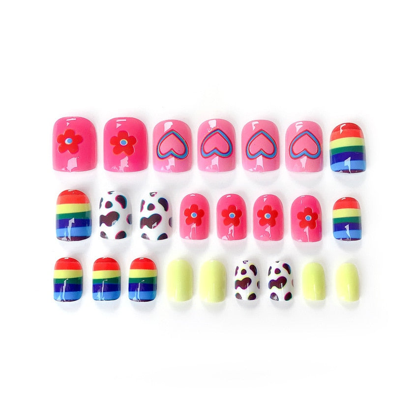 Fashion Cute Girls Acrylic Rainbow Flower Fake Nails