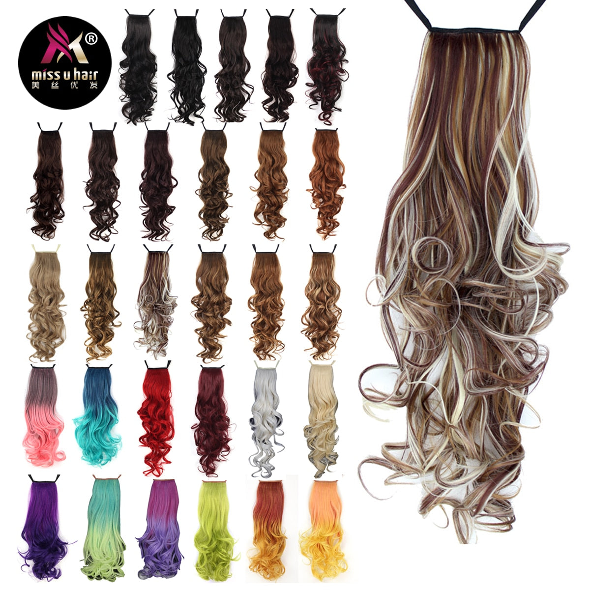 Synthetic Long Curly Ribbon Drawstring Ponytails