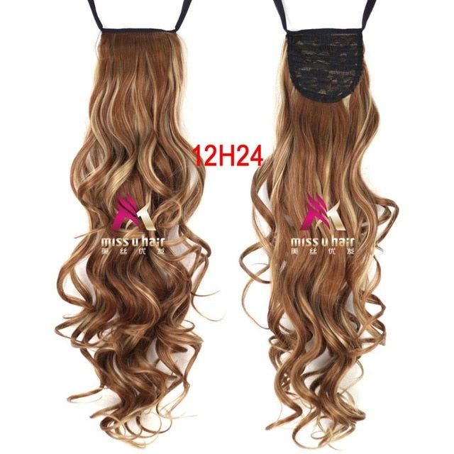 Synthetic Long Curly Ribbon Drawstring Ponytails
