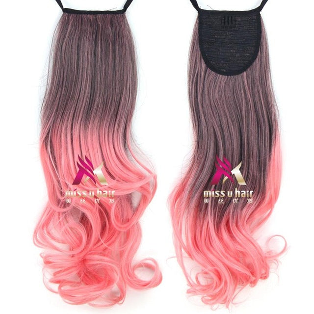 Synthetic Long Curly Ribbon Drawstring Ponytails