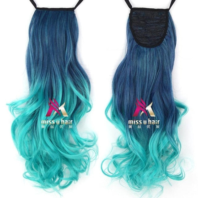 Synthetic Long Curly Ribbon Drawstring Ponytails