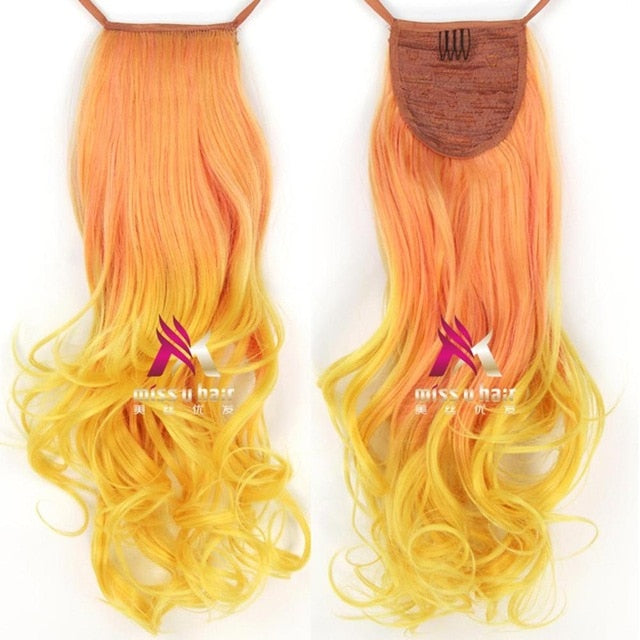 Synthetic Long Curly Ribbon Drawstring Ponytails