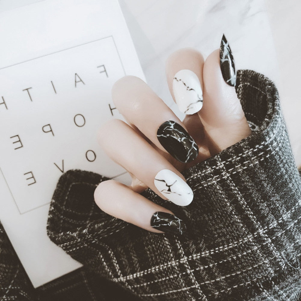 UV Fake Nails Finished Marble Black  Full Coverage